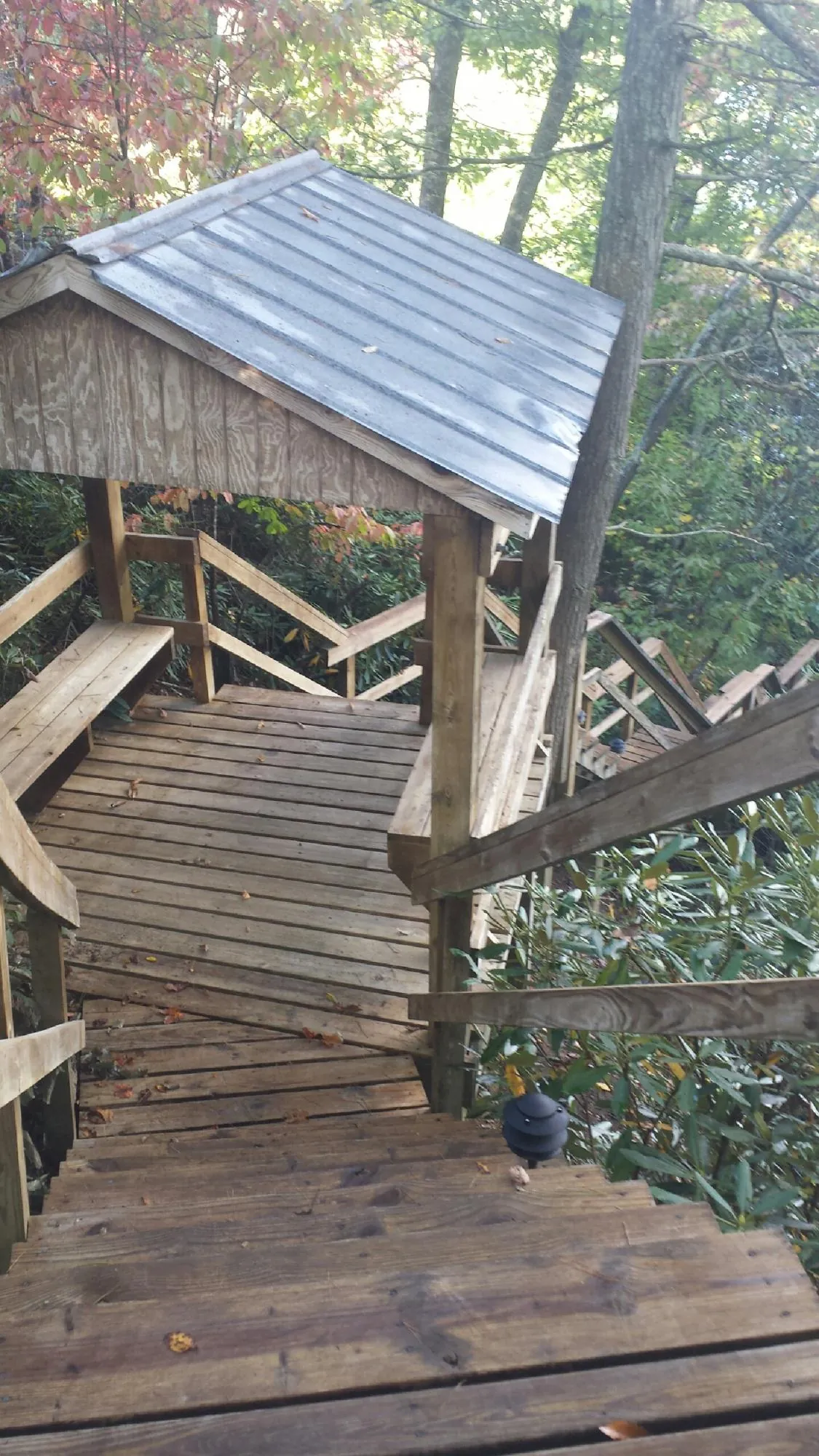 Metal roofed shelter over wooden steps on a wooded walkway — Skylight Repair & Installation work by our crew in Whittier